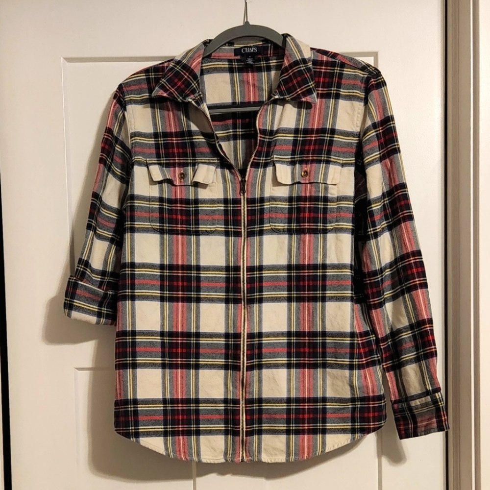 Chaps Zip-Up Button-Down Plaid Shirt